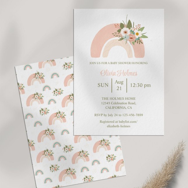 Convites Chá de fraldas Inverso Floral Rosa (Pink Floral Rainbow Baby Shower Invitation on white table next to dry pampas grass.)