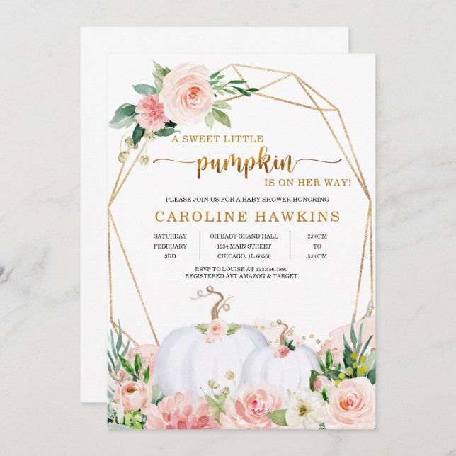 Convites Chá de fraldas Invi de Pumpkin Floral, rosa e Dour (Frente/Verso)