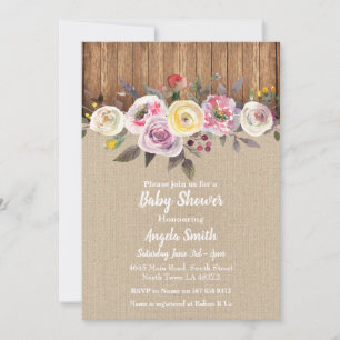 Convites Chá de fraldas Invite Burlap Wood Floral Rustic P