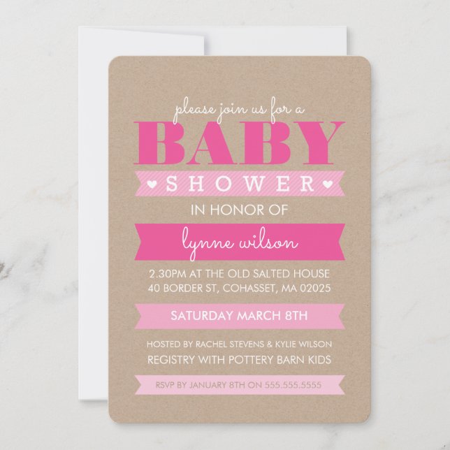 Convites CHÁ DE FRALDAS INVITE kraft rústico moderno cor-de (Frente)