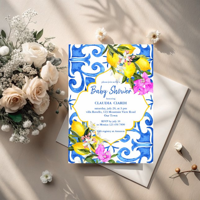 Convites Chá de fraldas italiano de limão azulejo azul (Blue tiles lemon bougainvillea  Italian baby shower Invitation cards template gender neutral )