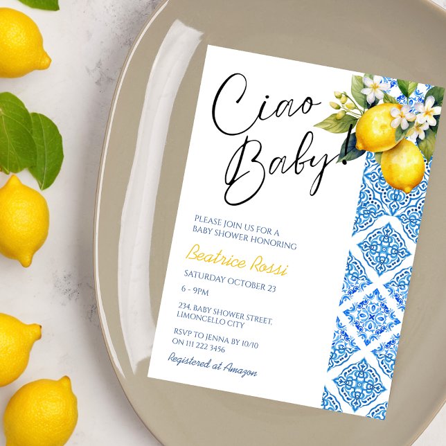 Convites Chá de fraldas Italiano Lemon Positano Azulejos Am (Lemon Positano Italian Baby Shower Amalfi Tiles Invitation)