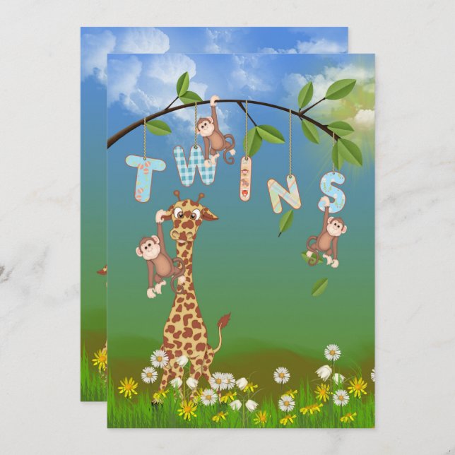 Convites Chá de fraldas Jungle Twin (Frente/Verso)