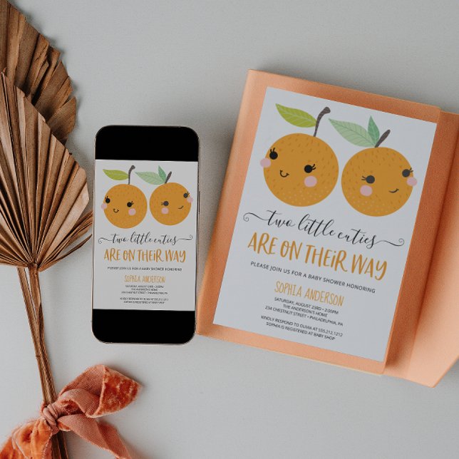 Convites Chá de fraldas Laranja Pequeno Citrus Twin Girls (Criador carregado)