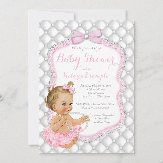 Convites Chá de fraldas Loura Rosa Tutu Pearl (Frente)