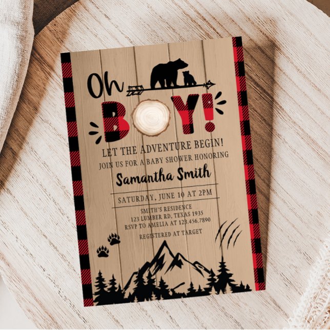 Convites Chá de fraldas Lumberjack da Xadrez vermelha (Red Plaid Bear Baby Shower Invitation)