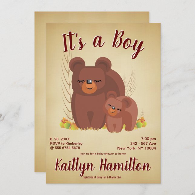 Convites Chá de fraldas-Mãe do Garoto-Urso-Urso da Floresta (Frente/Verso)