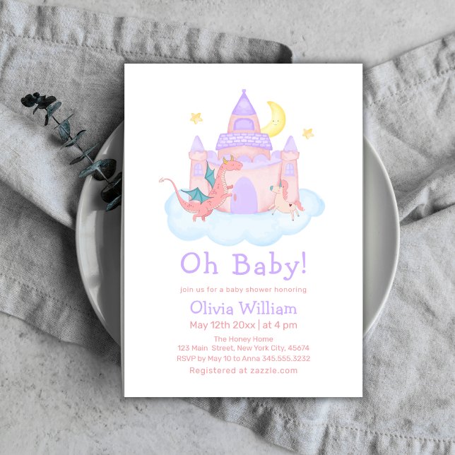 Convites Chá de fraldas Magic Fairytale Dragon Unicorn (Magic Fairytale Dragon Unicorn Baby Shower Invitation)