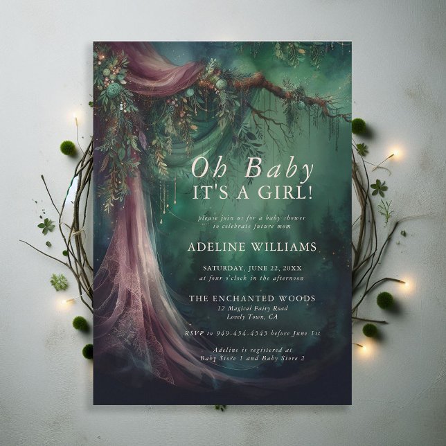 Convites Chá de fraldas Mágico de Fairytale Florestal Encan (enchanted forest baby shower emerald green mauve purple veil woodland fairy tale faerie magic invite)