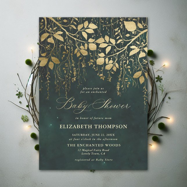 Convites Chá de fraldas Mágico Floresta Dourada Encantada (Enchanted Forest Emerald Green Draped Greenery Modern Calligraphy Neutral Baby Shower Invitation)