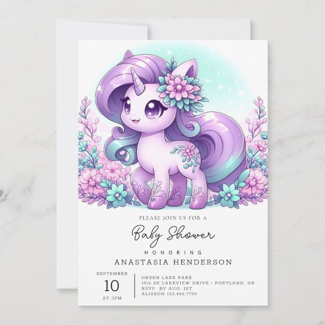 Convites Chá de fraldas Majestoso Whimsical Unicorn (Frente)