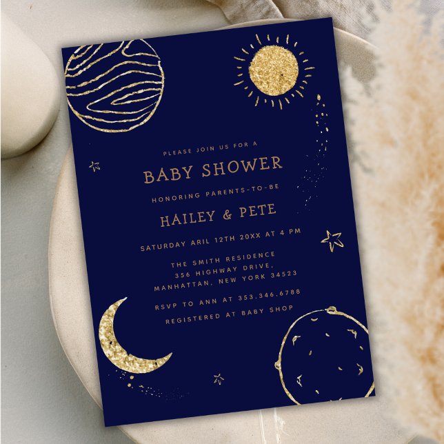Convites Chá de fraldas marinho azul Dourado Galáxia da Lua (Navy Blue Gold Galaxy Moon Star Boy Baby Shower Invitation)