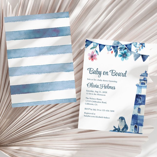 Convites Chá de fraldas Marinho "Bebê no Conselho" (Cute Navy "Baby on Board" Baby Shower Invitation on a sunny neutral dry palm leaf.)