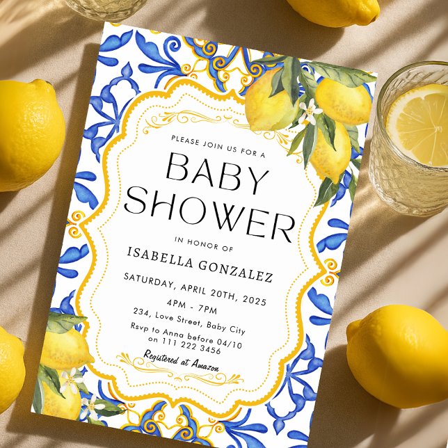 Convites Chá de fraldas mediterrânico de Lemon (Summer Lemon Mediterranean Baby Shower Invitation)