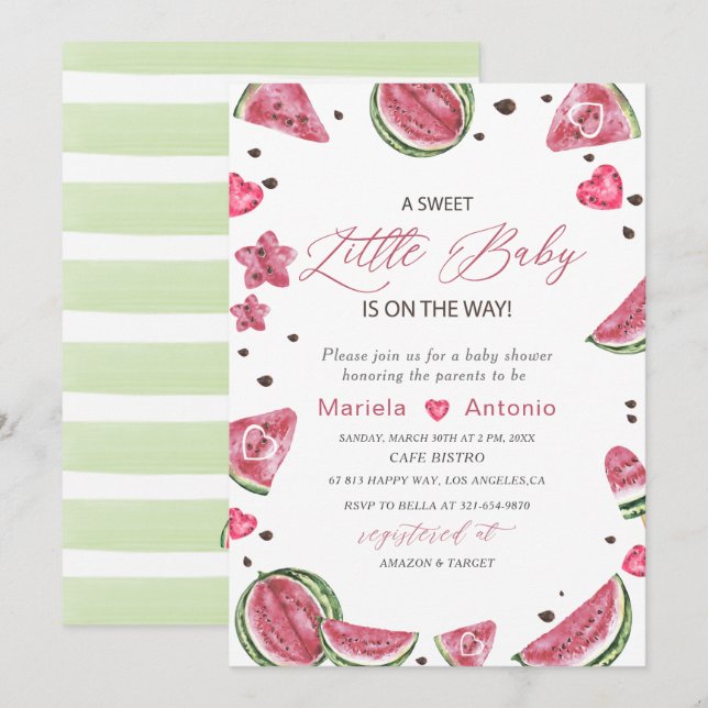 Convites Chá de fraldas Melão de Aquarela Elegante (Frente/Verso)