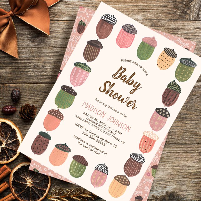 Convites Chá de fraldas-menina de Bolota Rosa-de-outono (Cute Fall Pink Acorns girl Baby Shower Invitation)