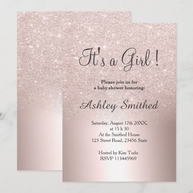 Convites Chá de fraldas metálico da menina do ombre (Frente/Verso)