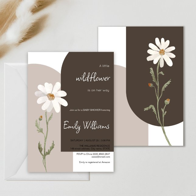 Convites Chá de fraldas minimalístico da aquarela marisca (Daisy wildflower watercolor baby in bloom floral shower invitation in brown colors, rustic, boho)