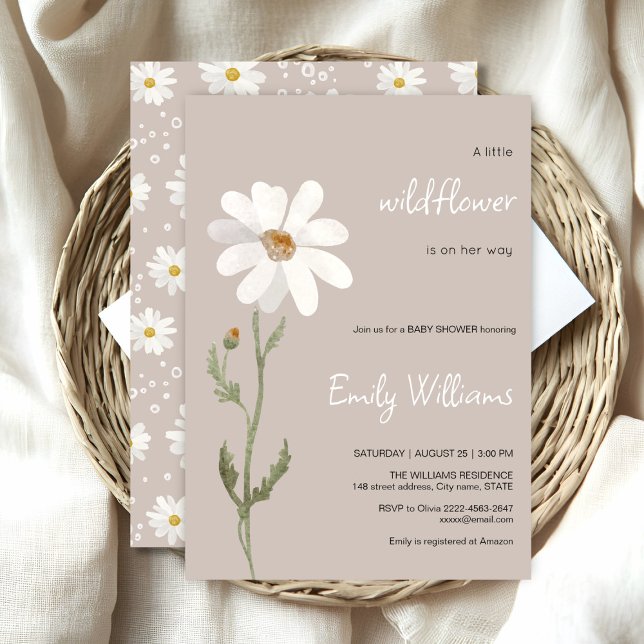 Convites Chá de fraldas minimalístico da aquarela marisca (Daisy wildflower watercolor baby in bloom floral shower invitation in beige colors, rustic, boho)