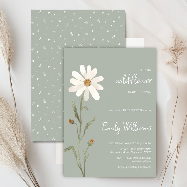Convites Chá de fraldas minimalístico da aquarela marisca (Daisy wildflower watercolor baby in bloom floral shower invitation in sage colors, rustic, boho)
