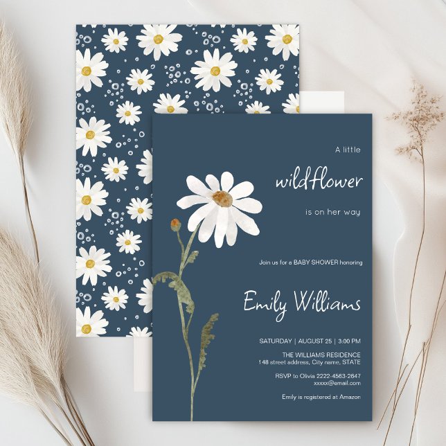 Convites Chá de fraldas minimalístico da aquarela marisca (Daisy wildflower watercolor baby in bloom floral shower invitation in blue colors, rustic, boho)