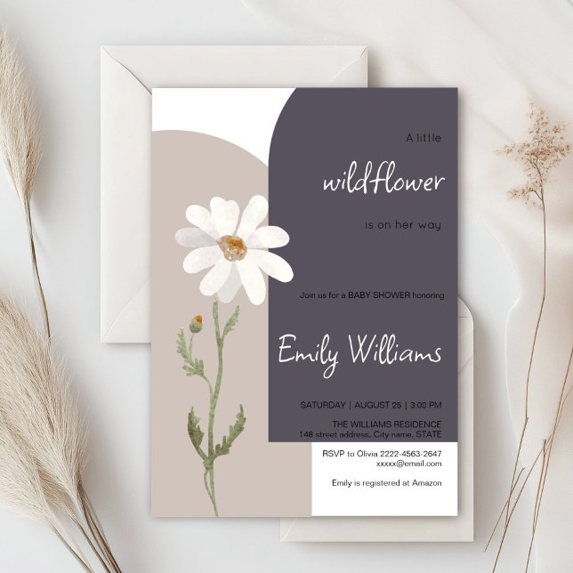 Convites Chá de fraldas minimalístico da aquarela marisca (Daisy wildflower watercolor baby in bloom floral shower invitation in purple colors, rustic, boho)