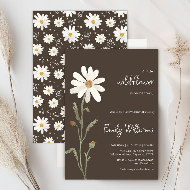 Convites Chá de fraldas minimalístico da aquarela marisca (Daisy wildflower watercolor baby in bloom floral shower invitation in brown colors, rustic, boho)