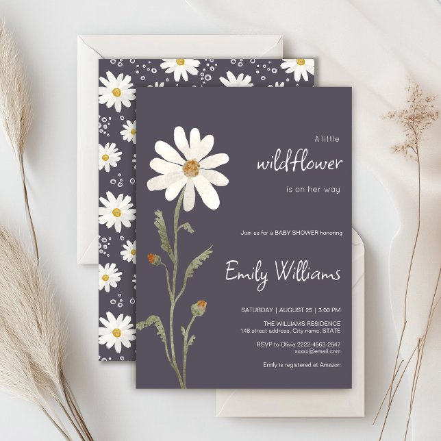 Convites Chá de fraldas minimalístico da aquarela marisca (Daisy wildflower watercolor baby in bloom floral shower invitation in purple colors, rustic, boho)