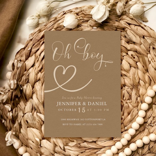 Convites Chá de fraldas Mínimo Brown Tan Elegante Oh Boy (Criador carregado)