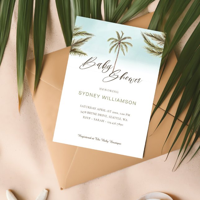 Convites Chá de fraldas mínimo de árvores tropicais de palm (Minimal Tropical Watercolor Palm Trees Baby Shower Invitation)