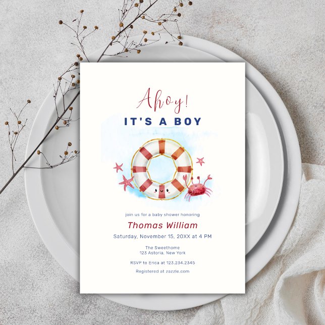 Convites Chá de fraldas Mínimo de Peixe-caranguejo Náutico  (Cute Minimal Nautical Crab Starfish Baby Shower Invitation)