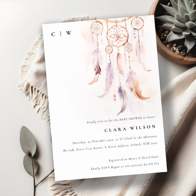 Convites Chá de fraldas Mínimo do Sonhador de Boho Feather (Criador carregado)