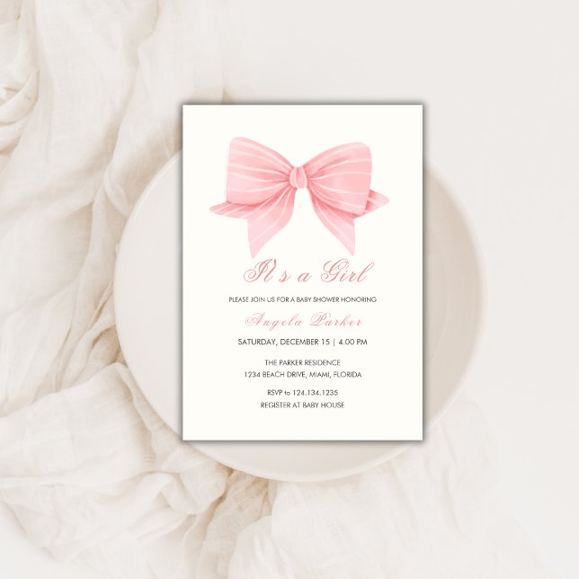 Convites Chá de fraldas Mínimo Rosa Arco Tie Girl (Pink Minimalist Bow Tie Girl Baby Shower Invitation)