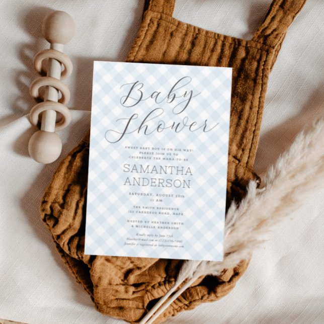 Convites Chá de fraldas Moderno + Azul Gingham Boy (Modern + Sweet Blue Gingham Boy Baby Shower Invitation)