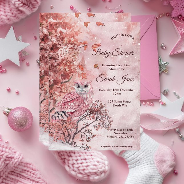 Convites Chá de fraldas moderno da floresta de inverno rosa (Pink Owl Baby Shower Invitation)