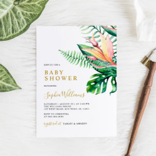 Convites Chá de fraldas moderno das flores tropicais verdes