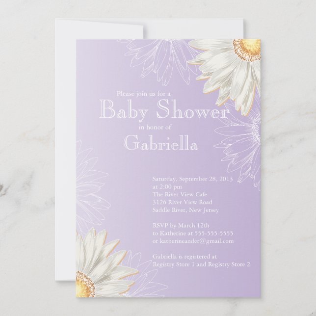 Convites Chá de fraldas Moderno de Gerbera Purple e White (Frente)