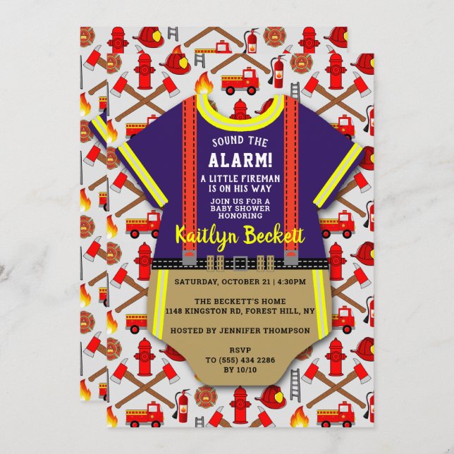 Convites Chá de fraldas moderno de "Pequeno Bombeiro" (Frente/Verso)