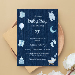 Convites Chá de fraldas Moderno Denim Baby Boy