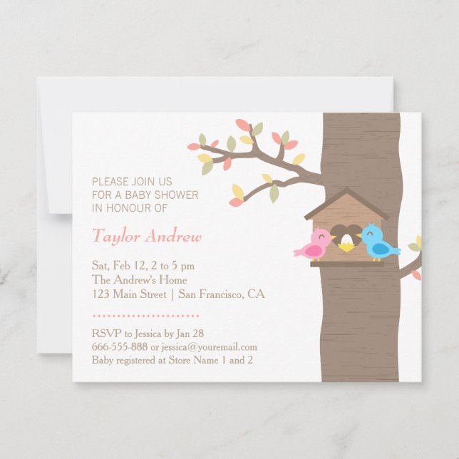Convites Chá de fraldas moderno do pássaro do ninho do (Frente)