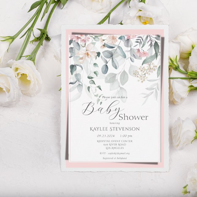 Convites Chá de fraldas Moderno Floral de Bebê Rosa (Criador carregado)