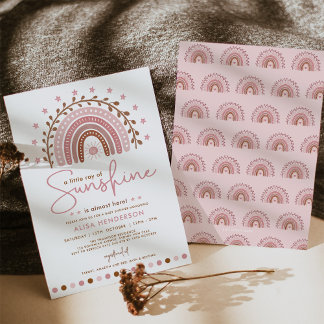 Convites Chá de fraldas Moderno Rosa Boho Rainbow Sunshine