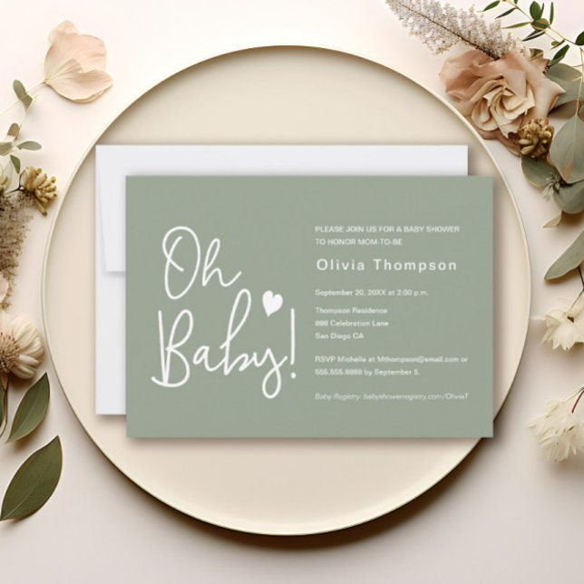 Convites Chá de fraldas moderno - Sage Verde - Oh Baby (Sage green, modern script Oh Baby! heart baby shower invitation)