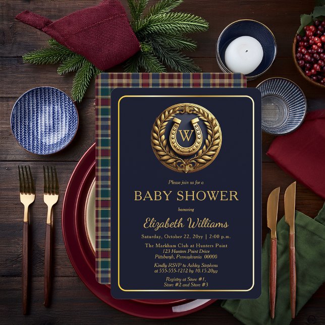 Convites Chá de fraldas Monograma de Xadrez de Ferradura de (Equestrian Emblem Monogram Preppy Navy Blue and Plaid Boy Baby Shower Invitation - Print | Digital)