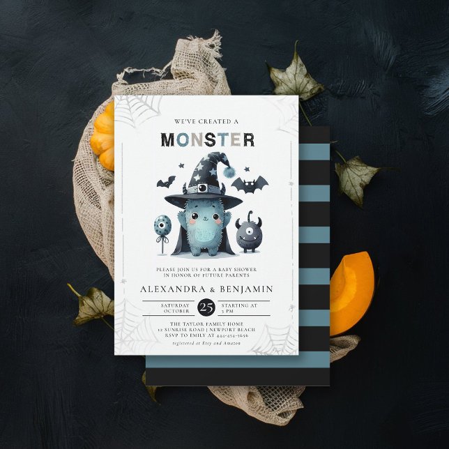 Convites Chá de fraldas Monster Halloween de outubro Coed B (halloween baby shower invitation cute monster watercolor character coed couple october fall)