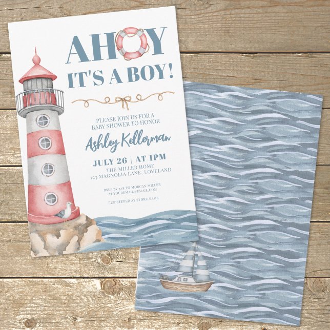 Convites Chá de fraldas Náutico de Cor Azul Vermelha (AHOY It's A Boy Baby Shower Invitation)