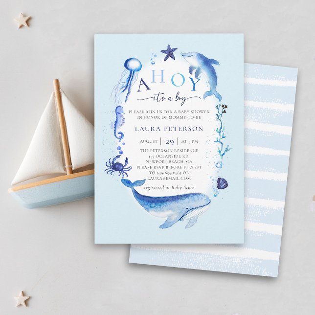 Convites Chá de fraldas Náutico de Menino Azul para Animais (ocean baby boy shower invitation ahoy under the sea whale dolphin blue watercolor beach nautical.)