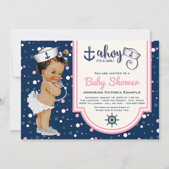 Convites Chá de fraldas Náutico de Rapariga Étnica (Frente)