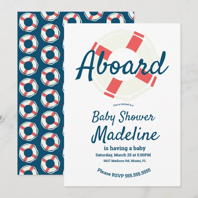 Convites Chá de fraldas náutico do anel de salvamento geomé (Frente/Verso)