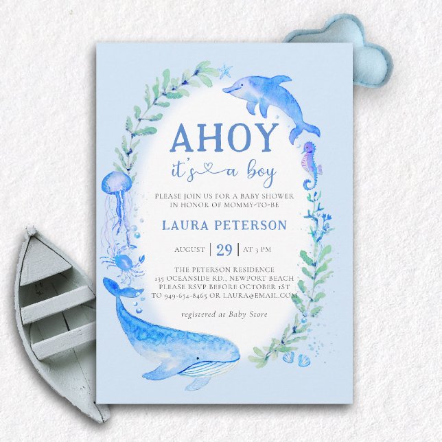 Convites Chá de fraldas Náutico do Mar de Golfinhos de Bale (ocean baby boy shower invitation ahoy under the sea whale dolphin blue watercolor modern nautical)